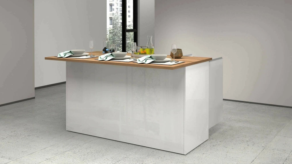 Isola da cucina Tartaro, Tavolo ausiliario portaoggetti, Mobile da cucina a 3 ante, 100% Made in Italy, 155x90h90 cm, Bianco lucido e Rovere
