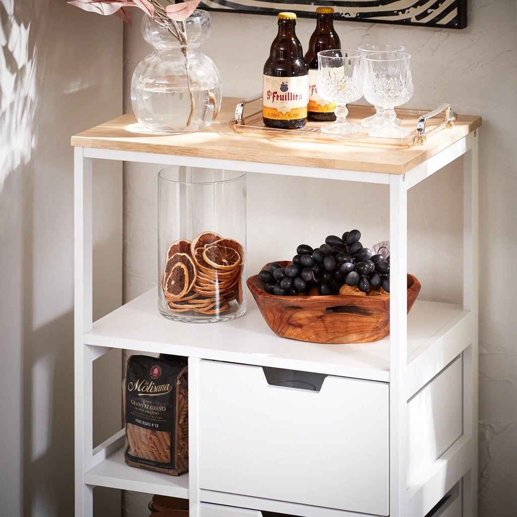 Carrello da cucina con 2 cassetti e 3 ripiani, Carrello da servizio, Carrelli portaoggetti, Bianco-Naturale 53x37x89cm FKW111-WN