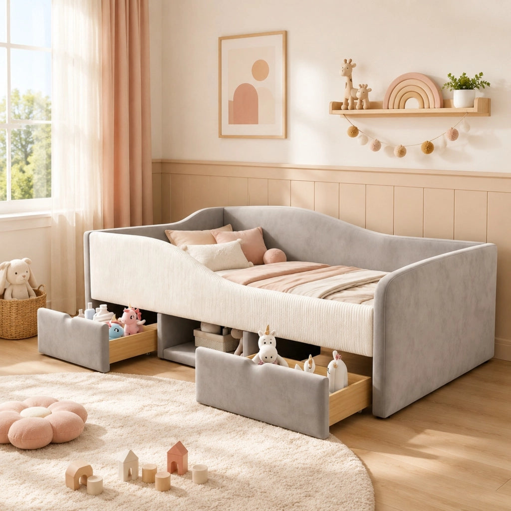 Letto imbottito per bambini con cassetti e sponde; 90 x 190 cm; velluto grigio