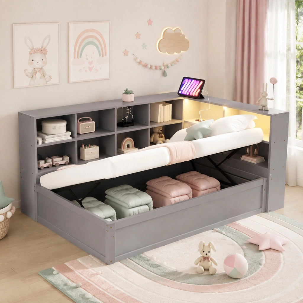 Letto multifunzione 90x200 cm con LED, presa e vani grigio