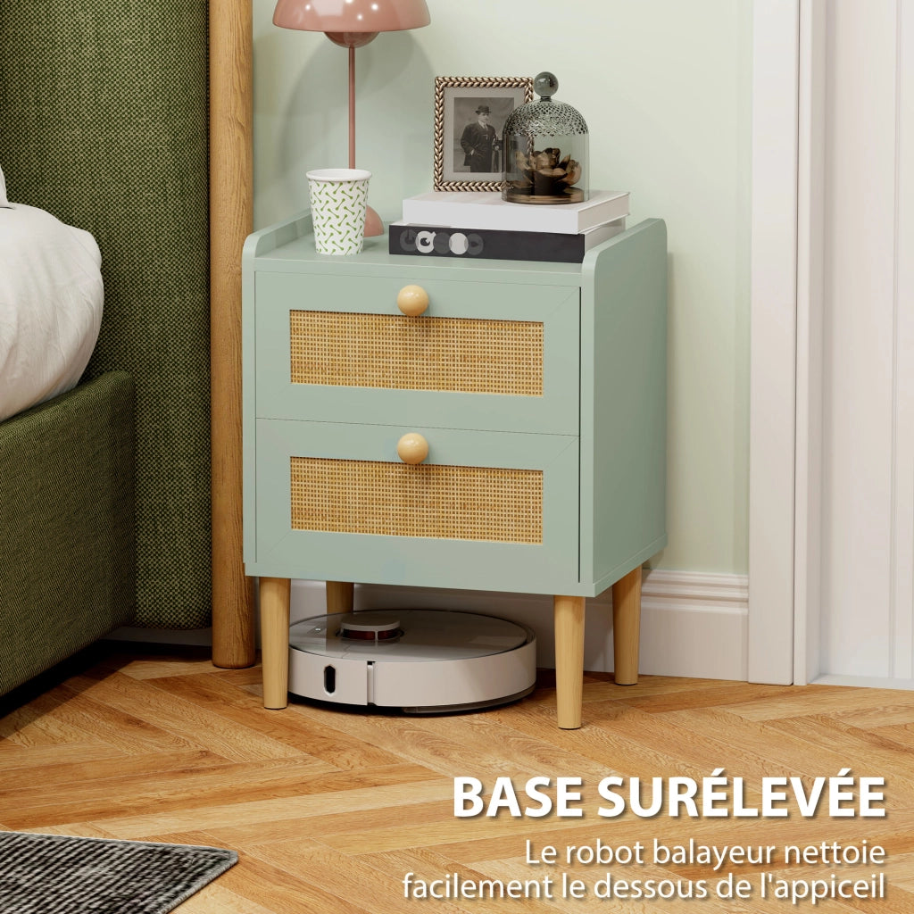 Comodino con 2 cassetti effetto rattan naturale ¨C Xylo ¨C legno verde oliva 39,8x30x52,5 cm