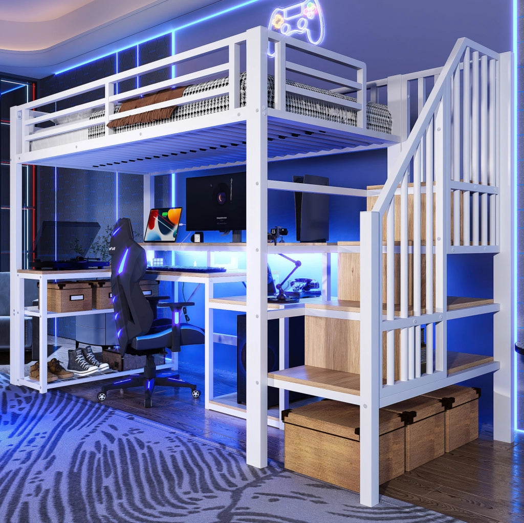 Letto a soppalco 90x200 cm in metallo e MDF; con scrivania; LED e USB; bianco