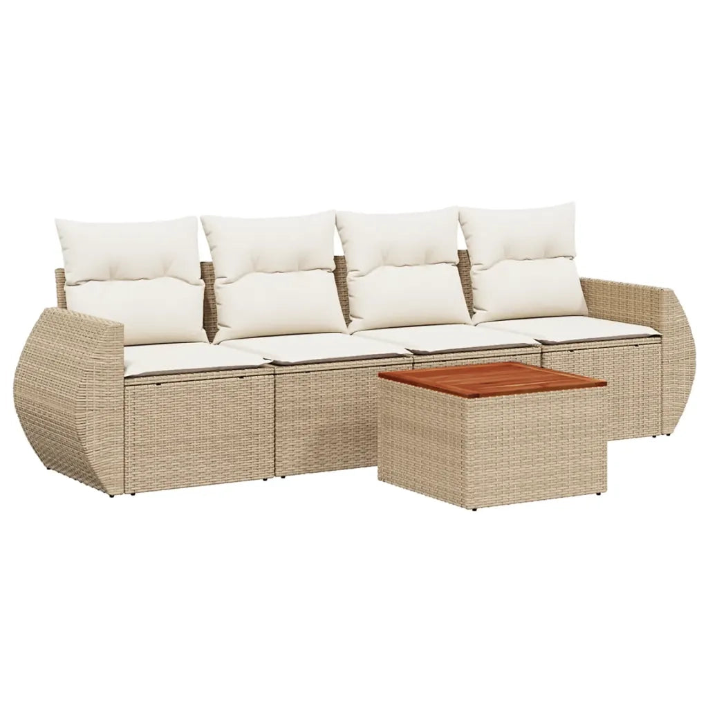 Set Divano da Giardino 5 pz con Cuscini Beige in Polyrattan