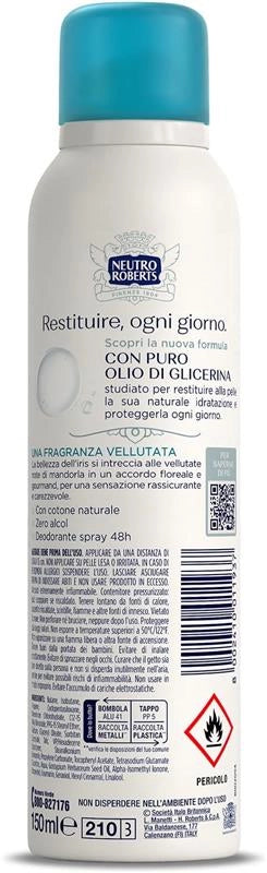 NEUTRO ROBERTS DEODORANTE SPRAY CON PURO OLIO DI GLICERINA ZERO ALCOL 48H DI PROTEZIONE ASCIUTTO CON IRIS E MANDORLA 150 ML