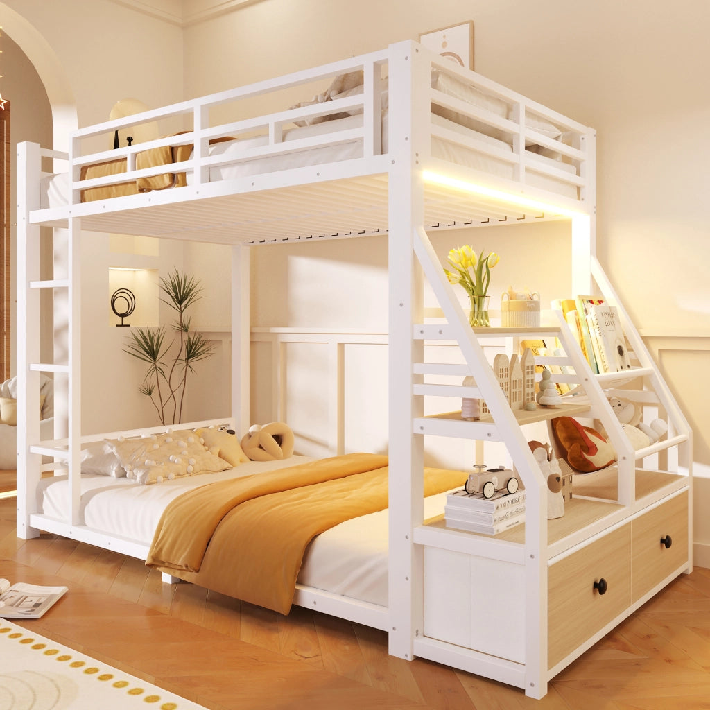 DESMIU Letto a castello 90 × 200 cm 2 posti con LED, ripiani e 2 cassetti in tessuto, senza materasso, bianco