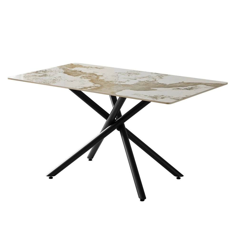 Tavolo Linus2358 con piano in ceramica effetto marmo bianco pandora brown lucido e gambe in metallo nero 140x80x76H