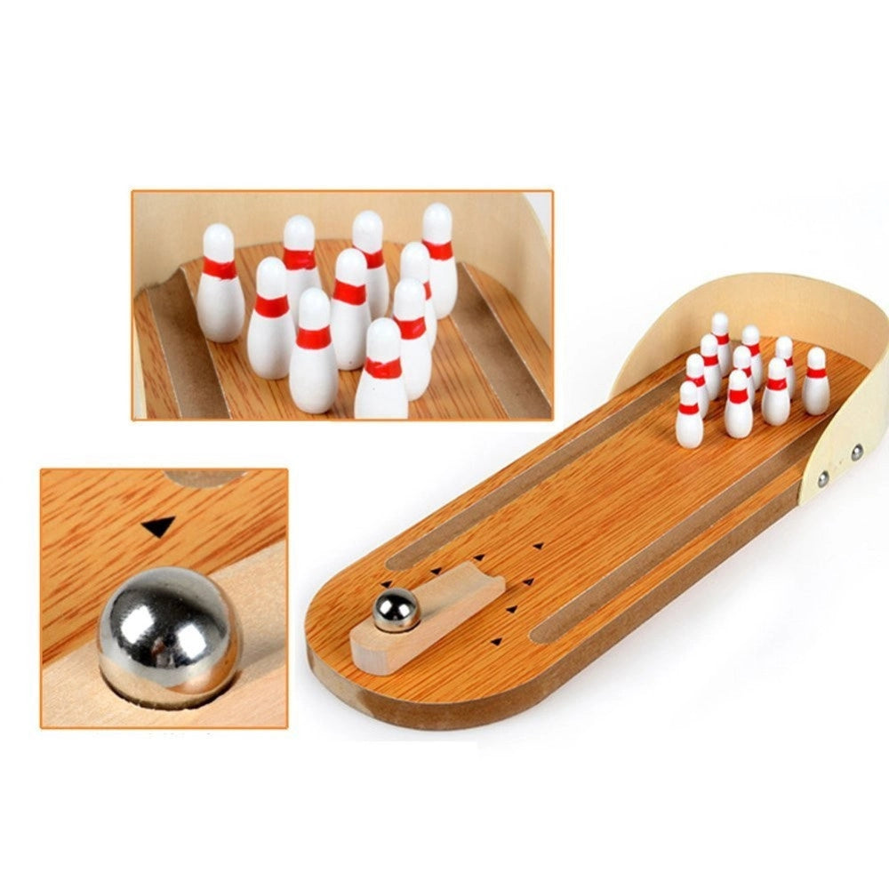 Trade Shop - Mini Boowling Gioco Da Tavolo In Legno Con 10 Birilli E Palla In Metallo -