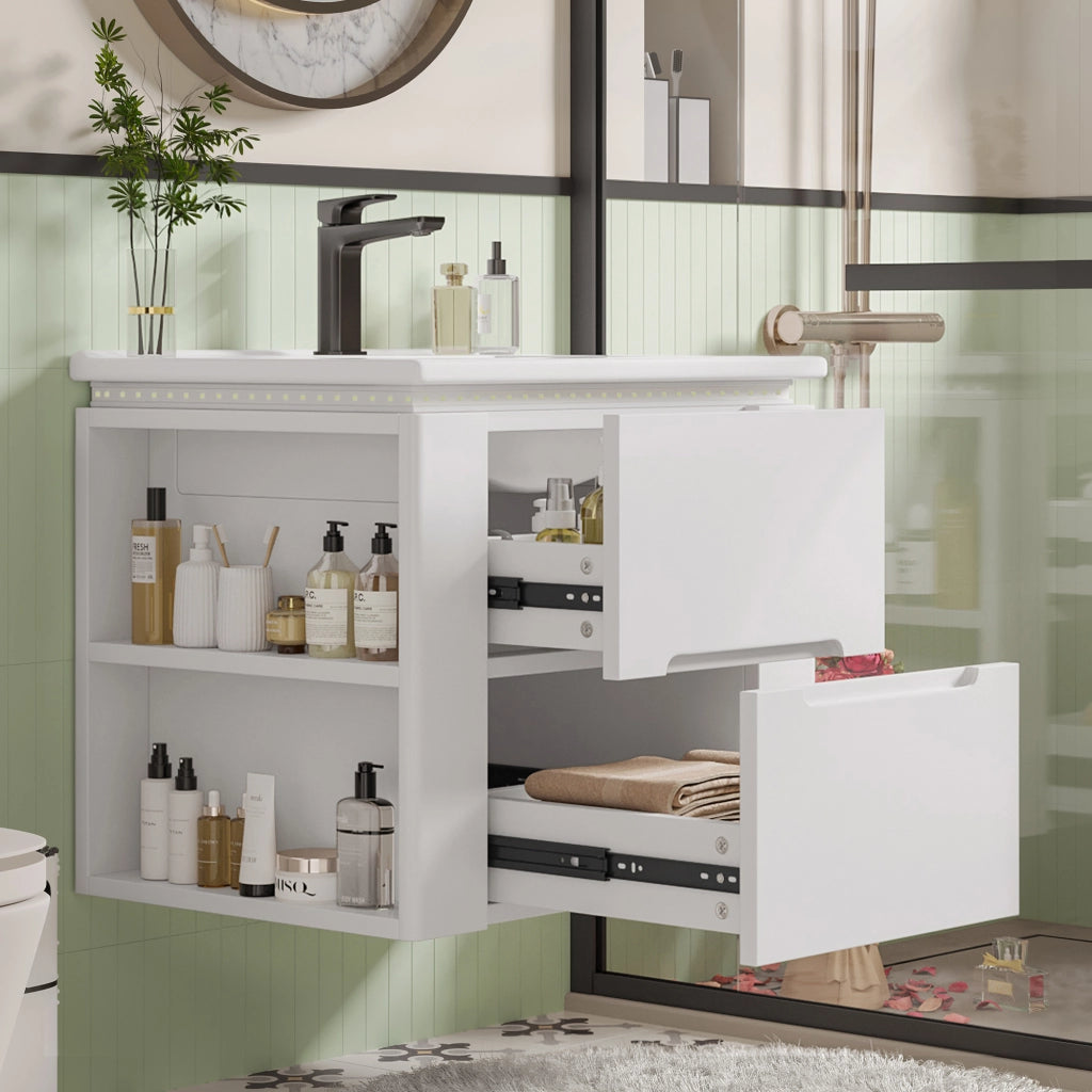Mobile sottolavabo con 2 cassetti e illuminazione LED a sensore radar; sospeso; lavandino in ceramica integrato; bagno; bianco; 61 Ã— 46 Ã— 48.5 cm