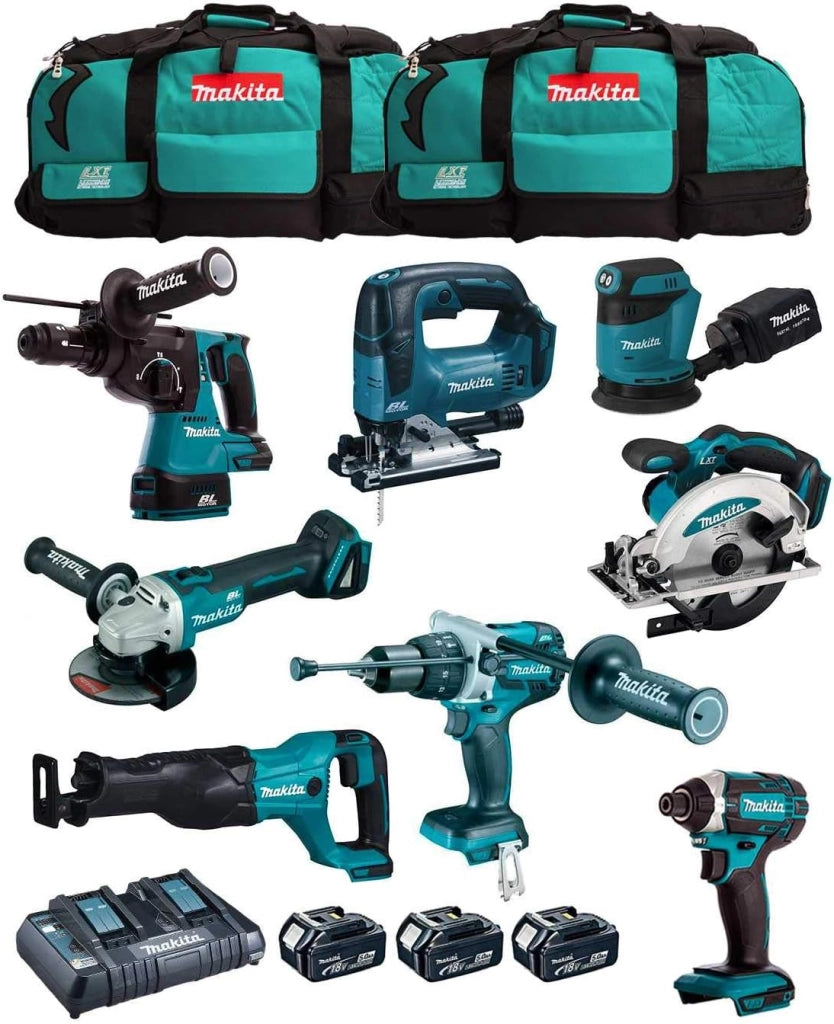 MAKITA Kit MK802 (DHP481 + DHR243 + DGA504 + DTD152 + DJV182 + DSS610 + DJR186 + DBO180 + 3 Batterie 5,0 Ah + Caricabatterie + 2 x LXT600)