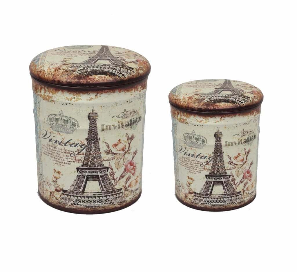 SET DI 2 POUF CONTENITORE TONDI MULTIFUNZIONALI CON STAMPA TORRE EIFFEL
