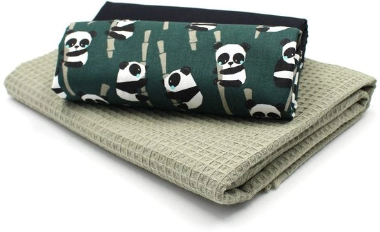 Set di stampe per wafel + set di tessuti colorati in cotone 100% Tex Standard 100 (Panda Set33)