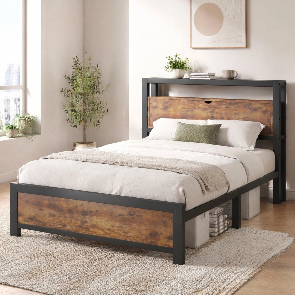 Letto singolo 90x200 cm in metallo e legno con testiera contenitore, struttura industriale, nero
