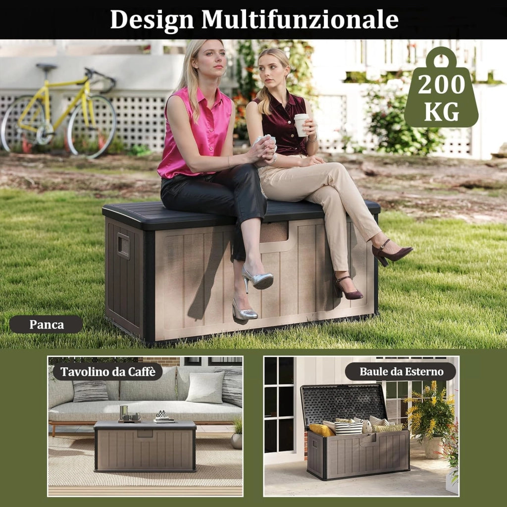Baule da Esterno 378 L, Cassapanca Contenitore Impermeabile in Resina con Pistoni a Gas, Coperchio Bloccabile, Salvaspazio per Giardino, Cortile e Piscina, 130 x 64 x 59 cm (Marrone+Nero)