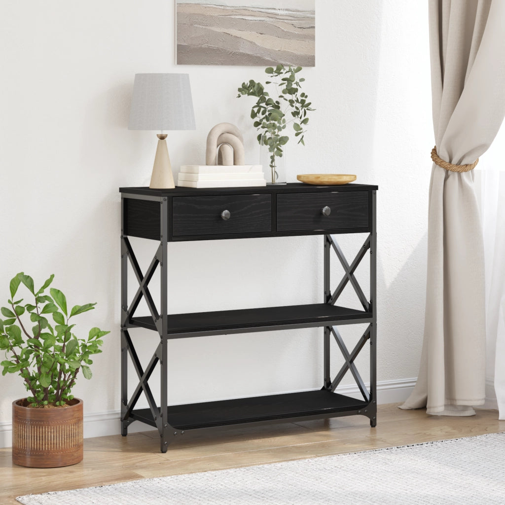 Tavolino Nero Rovere 75x28x75 cm Legno Ingegnerizzato e Acciaio