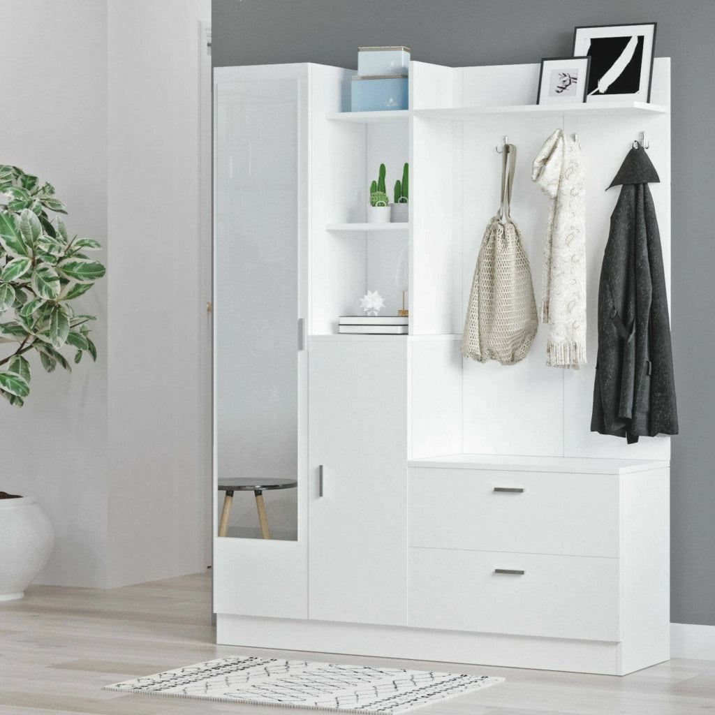 Mobile da ingresso Anumali, Entratina appendiabiti, Composizione per atrio, Consolle portaoggetti multifunzione, 140x37h182 cm, Bianco