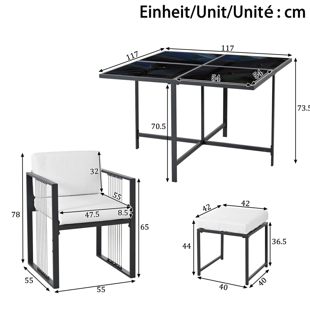 Set da pranzo da esterno 7 pezzi con tavolo quadrato 117x117 cm; vetro temperato nero; bianco e nero