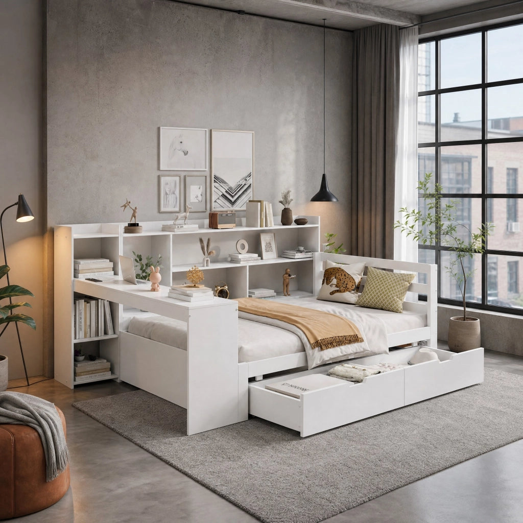 DIVANO LETTO multifunzionale 90x200 cm in legno bianco con scrivania e scaffali