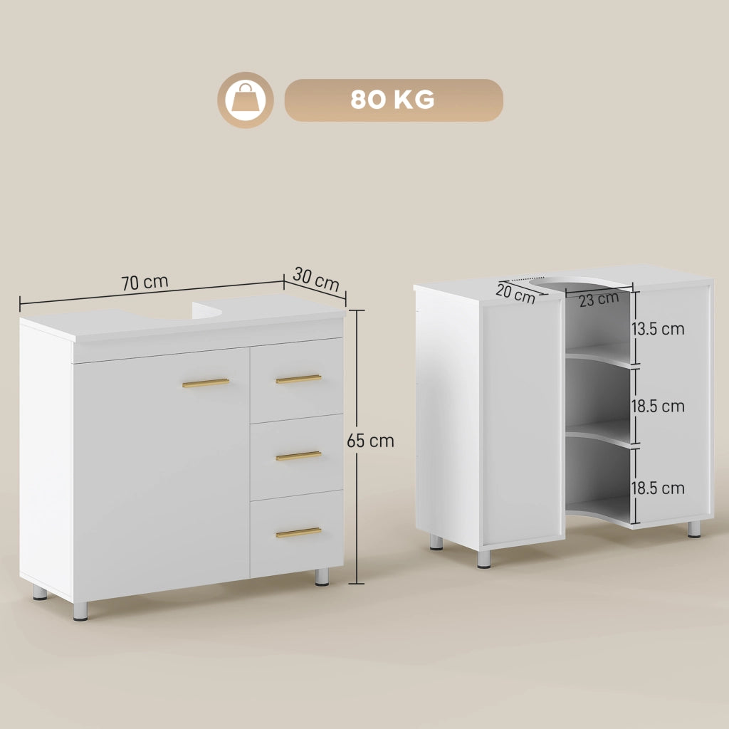 Mobile Sottolavabo con Intaglio a U, Armadietto e 3 Cassetti, Chiusura Ammortizzata, 70x30x65 cm, Bianco