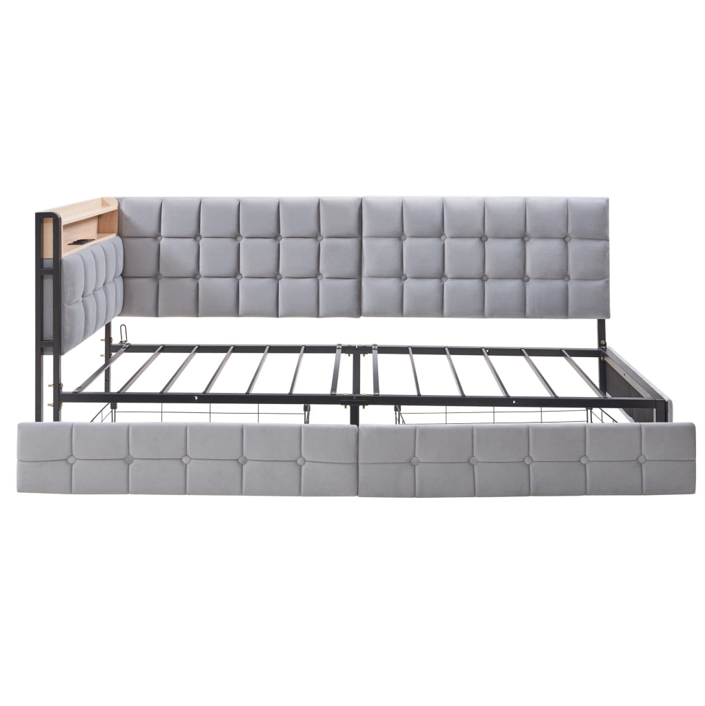 Divano letto 90x200 cm con LED e 2 cassetti in tessuto grigio