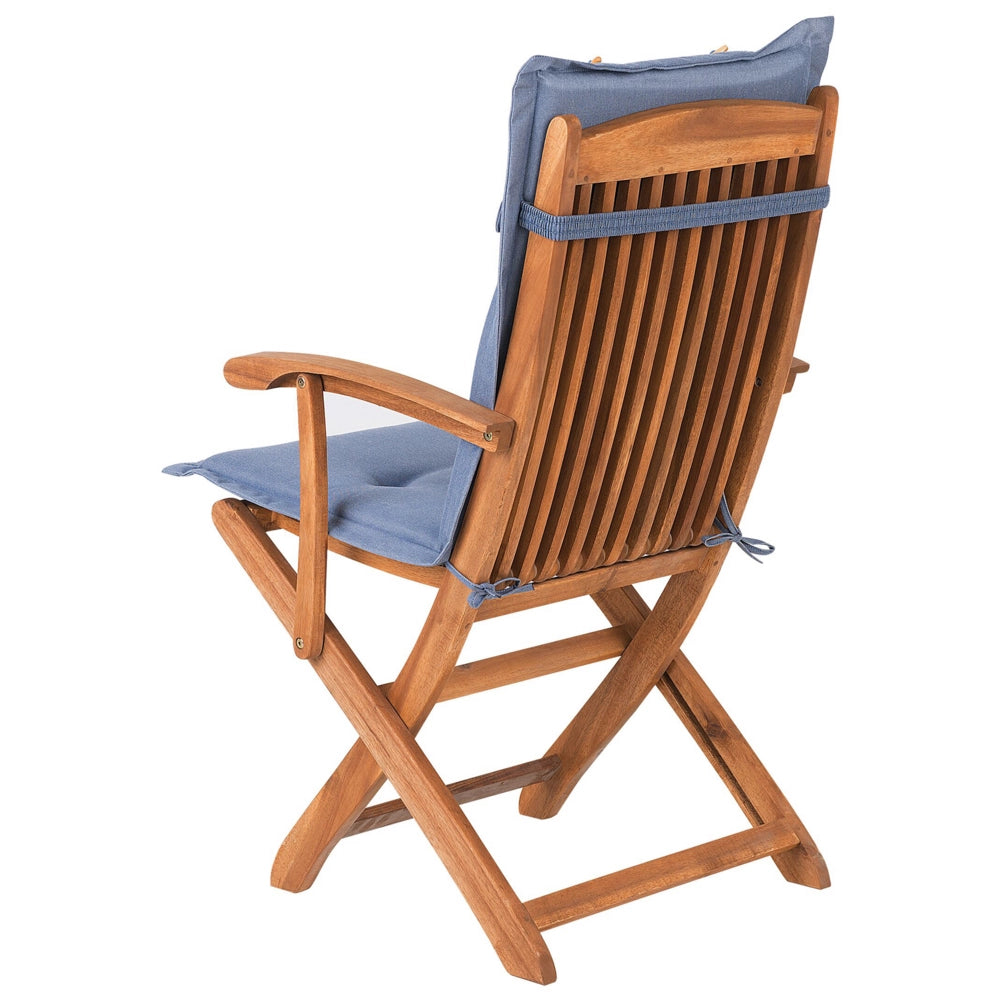 Set di 2 sedie da pranzo da giardino in legno chiaro con cuscino blu struttura in legno di acacia pieghevole design rustico