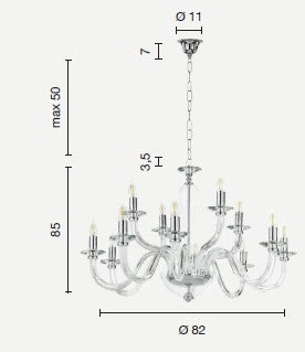 LAMPADARIO RAVEL 12 LUCI ATTACCO E14 BIANCO E CROMO D.82CM