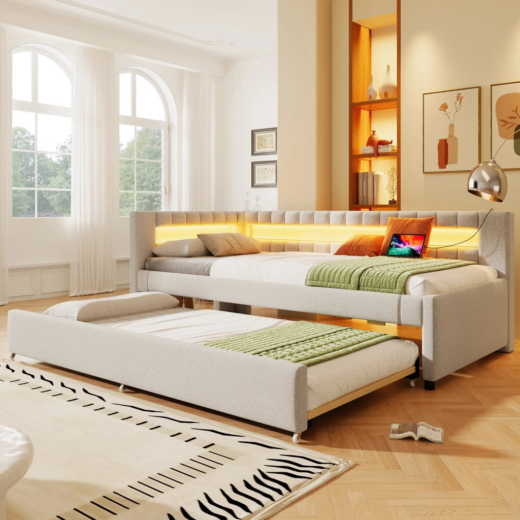 Letto estraibile singolo 90×200 cm con LED; USB e Type-C; senza materasso; lino; beige