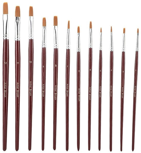 Set di pennelli a olio 12 pezzi - capelli in nylon - manico in legno - adatto per acquerello/acrilico - lunghezza complessiva 18-21,9 cm - alta assorbimento idrico - pennelli da pittura