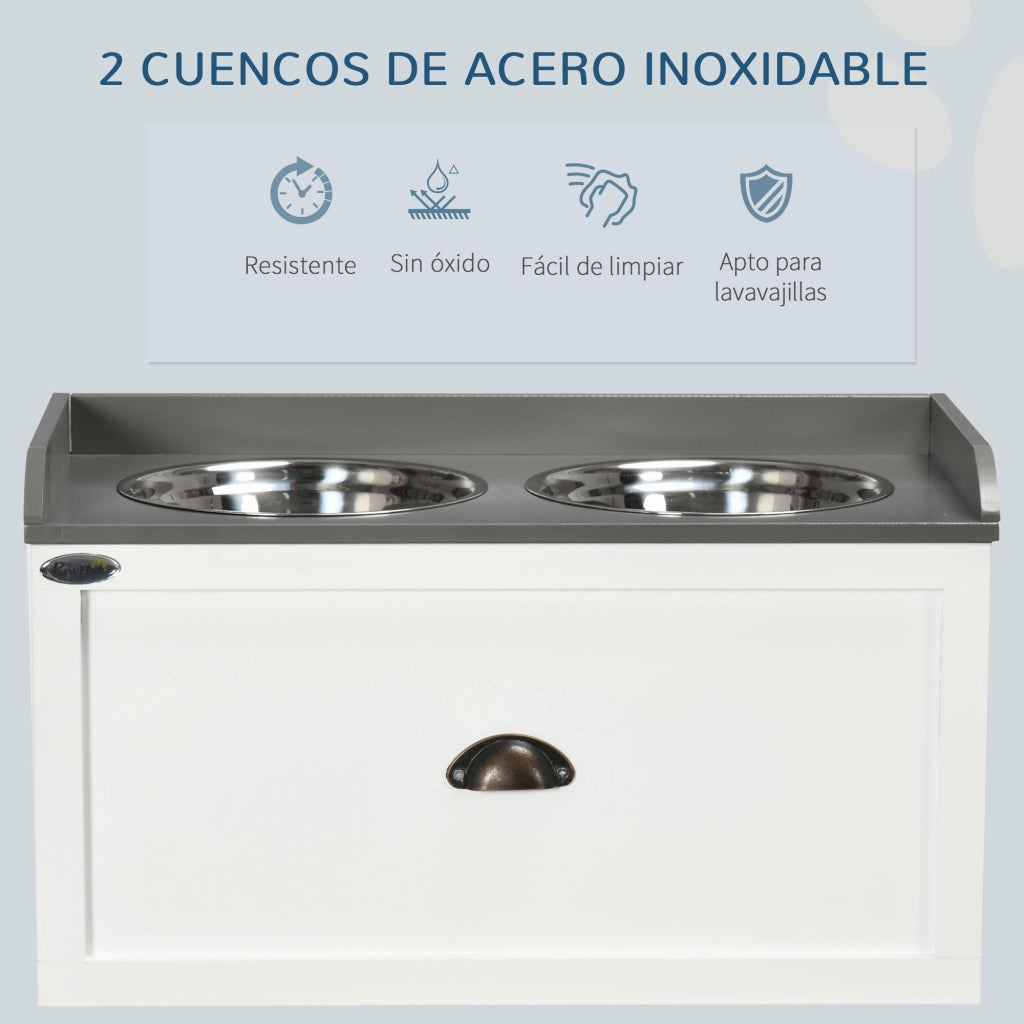 Ciotola rialzata per cani grandi ¨C Xylo ¨C 2 ciotole acciaio inox 2000ml con cassetto 63x30x36cm bianco