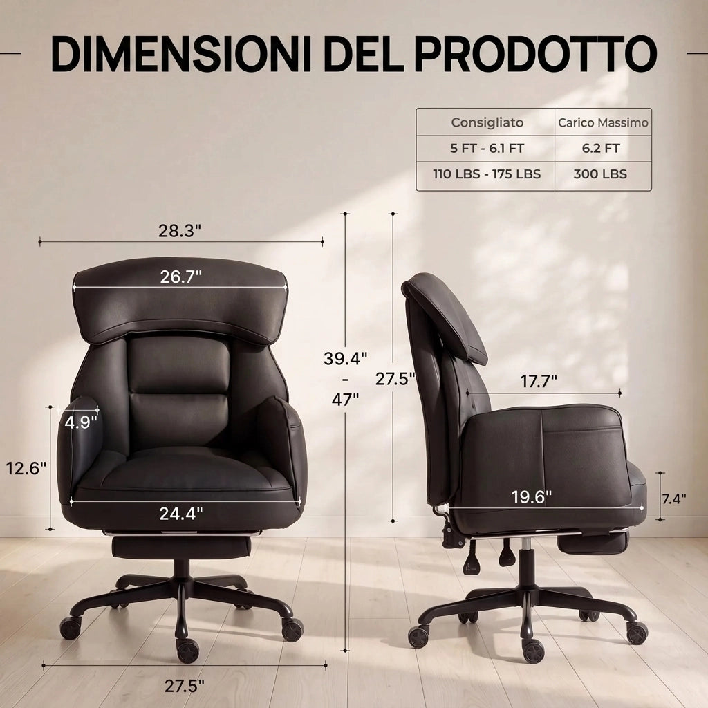 Sedia da ufficio ergonomica - Con corrimano e poggiapiedi - Con braccioli regolabili - Schienale regolabile - Nero