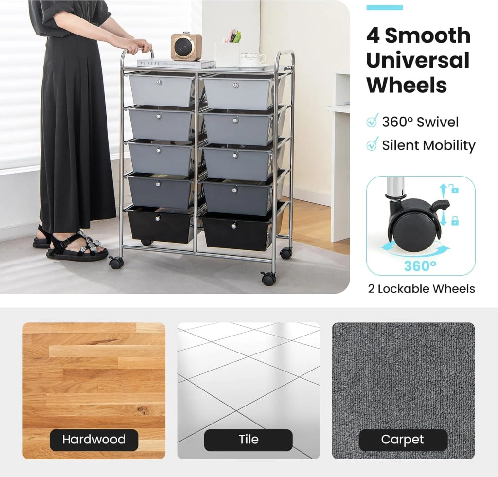 Carrello con 10 cassetti, impilabile, carrello per cassetti, carrello da cucina con ruote bloccabili, carrello per cucina, bagno, ufficio, 65,5 x 37 x 87 cm, grigio chiaro e nero
