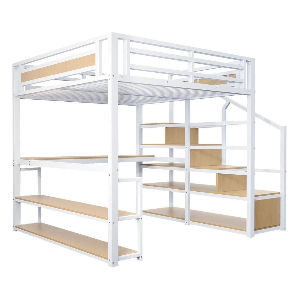 Letto a Soppalco in Metallo con Scaffali e Tavolo ¨C MINIMAL ¨C Bianco 140x200
