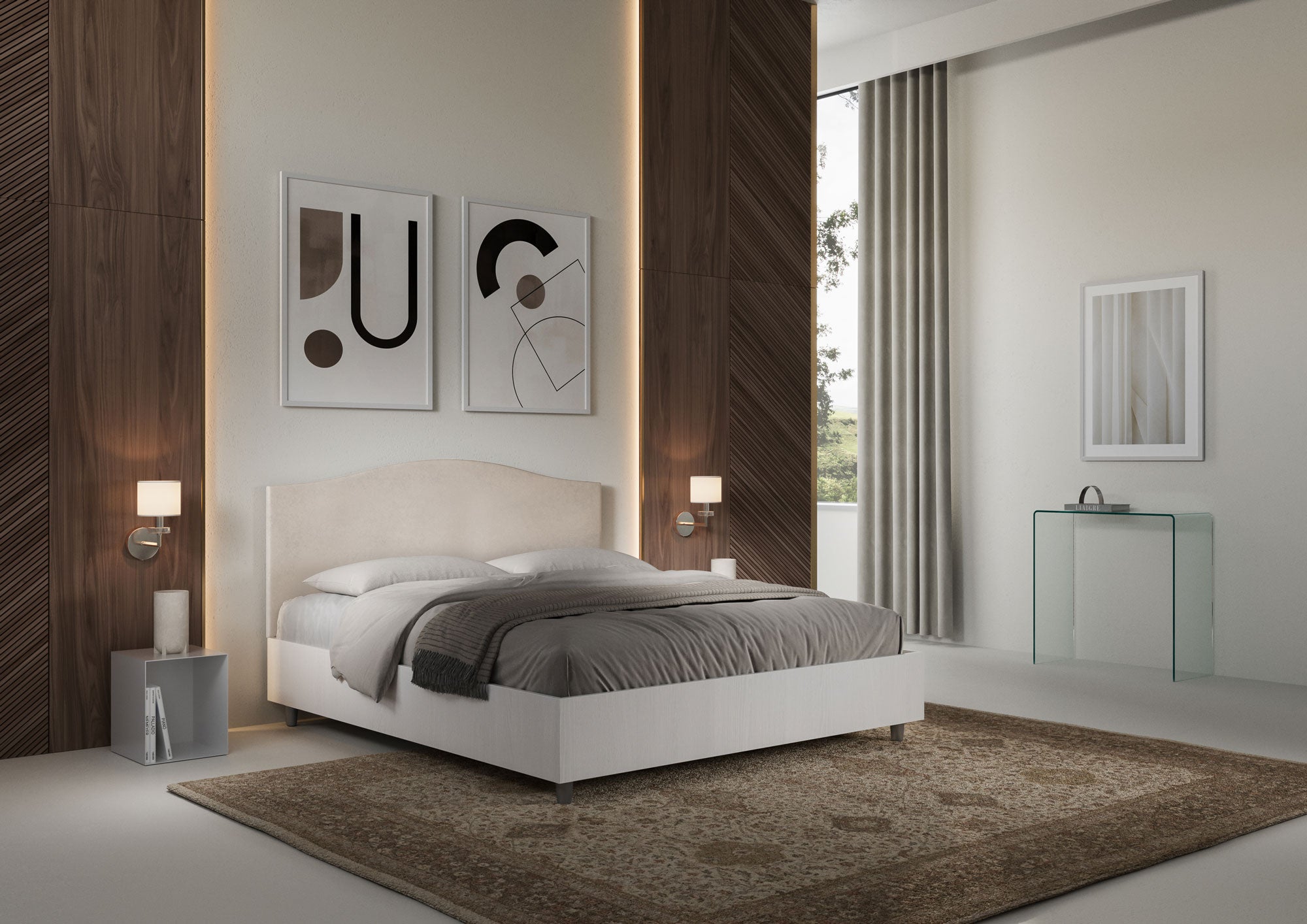 Letto Matrimoniale 160x190 cm con Rete e Contenitore Alzata Comoda Struttura Bianco Frassico e Testata in Microfibra