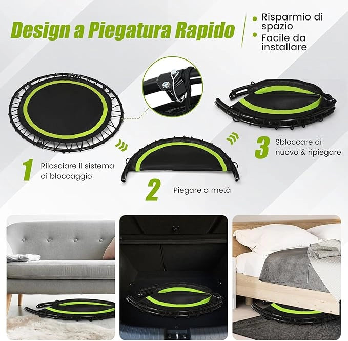 Mini Trampolino Pieghevole 101cm, Trampolino Fitness per Adulti e Bambini,con Maniglia Altezza Regolabile, Capacità di Carico 150 kg