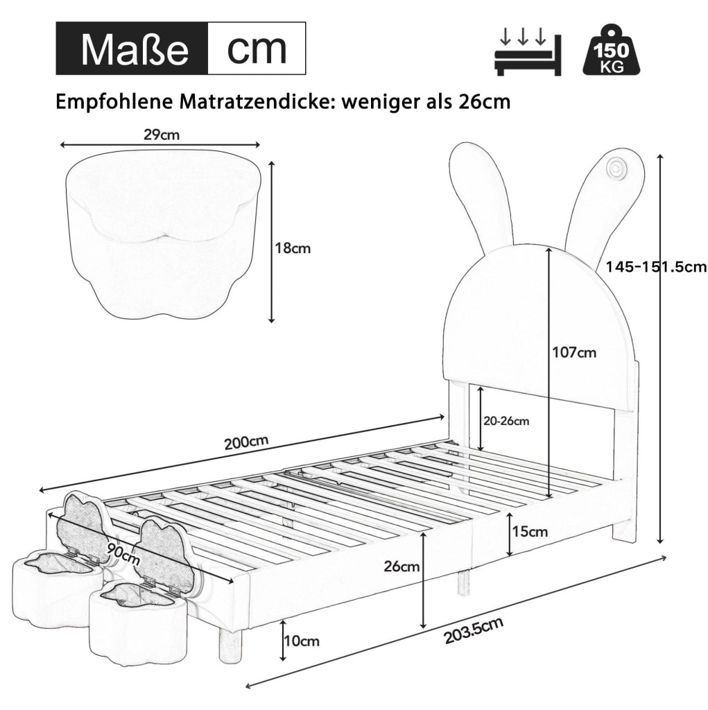 Letto imbottito 90x200 cm; con 2 panche contenitore e LED; velluto; rosa (Senza materasso)