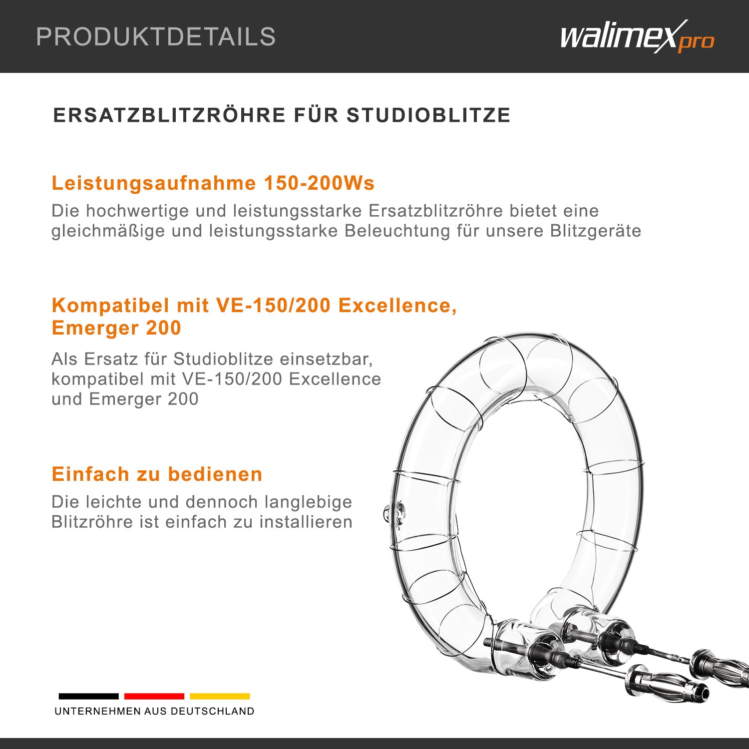 tubo flash di ricambio per flash da studio Emerger 200 & VE-150/200, consumo di potenza 150-200W, facile da sostituire