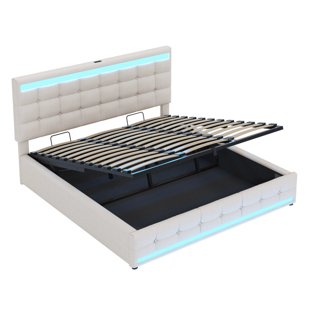 Letto matrimoniale imbottito 180x200 cm con LED RGB; USB e testiera regolabile; beige