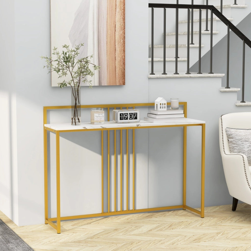 Tavolo da ingresso lungo 120cm, Consolle con piano effetto marmorino sponda struttura in metallo dorato Bianco-Consolle