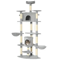 Albero Tiragraffi per Gatti Alto con Casette e Amache, 60x60x200cm, Grigio Chiaro