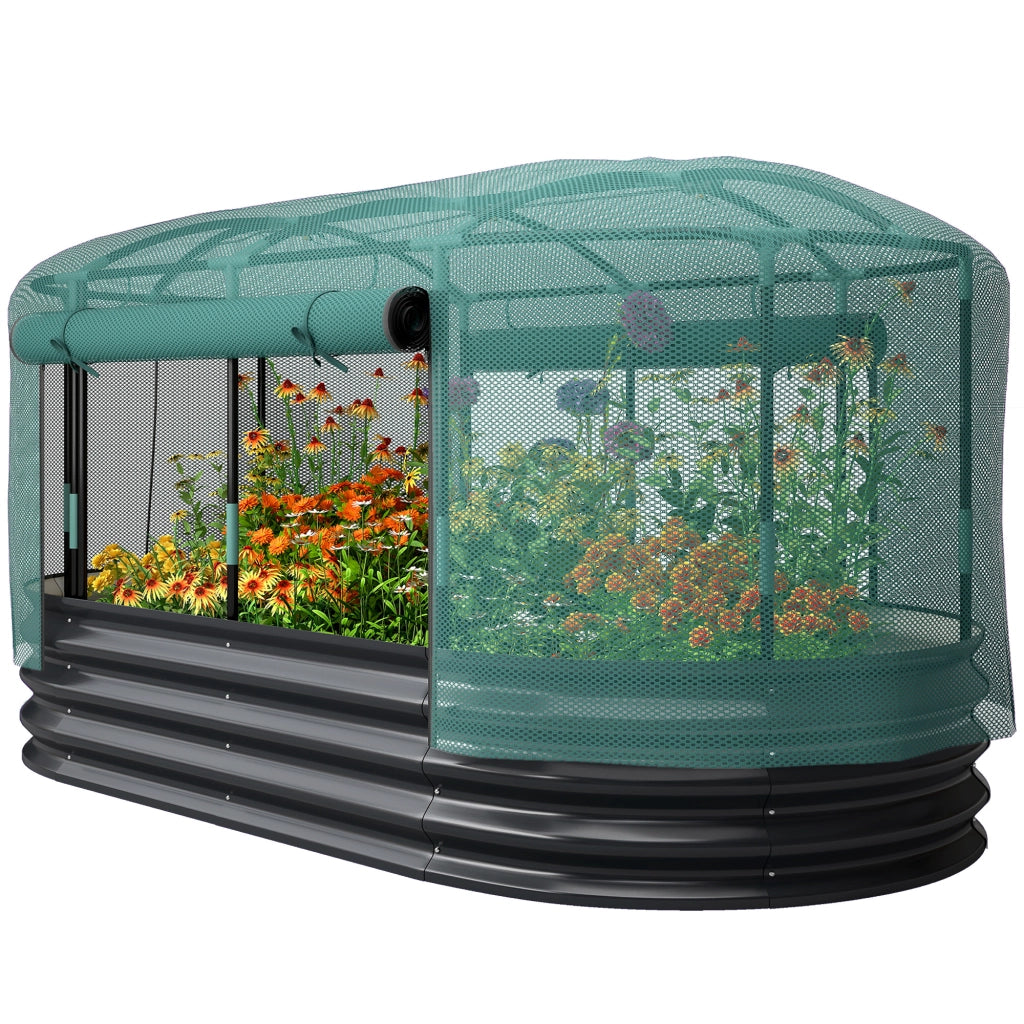 Fioriera rialzata da giardino con gabbia protettiva ¨C Xylo ¨C acciaio galvanizzato grigio e verde 180x90x93