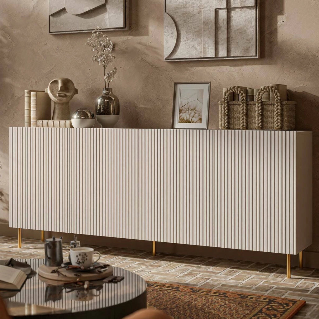 Credenza Londa, Madia da salotto con quattro ante battenti, Rialzato da terra, 200x42 h82 cm, Beige