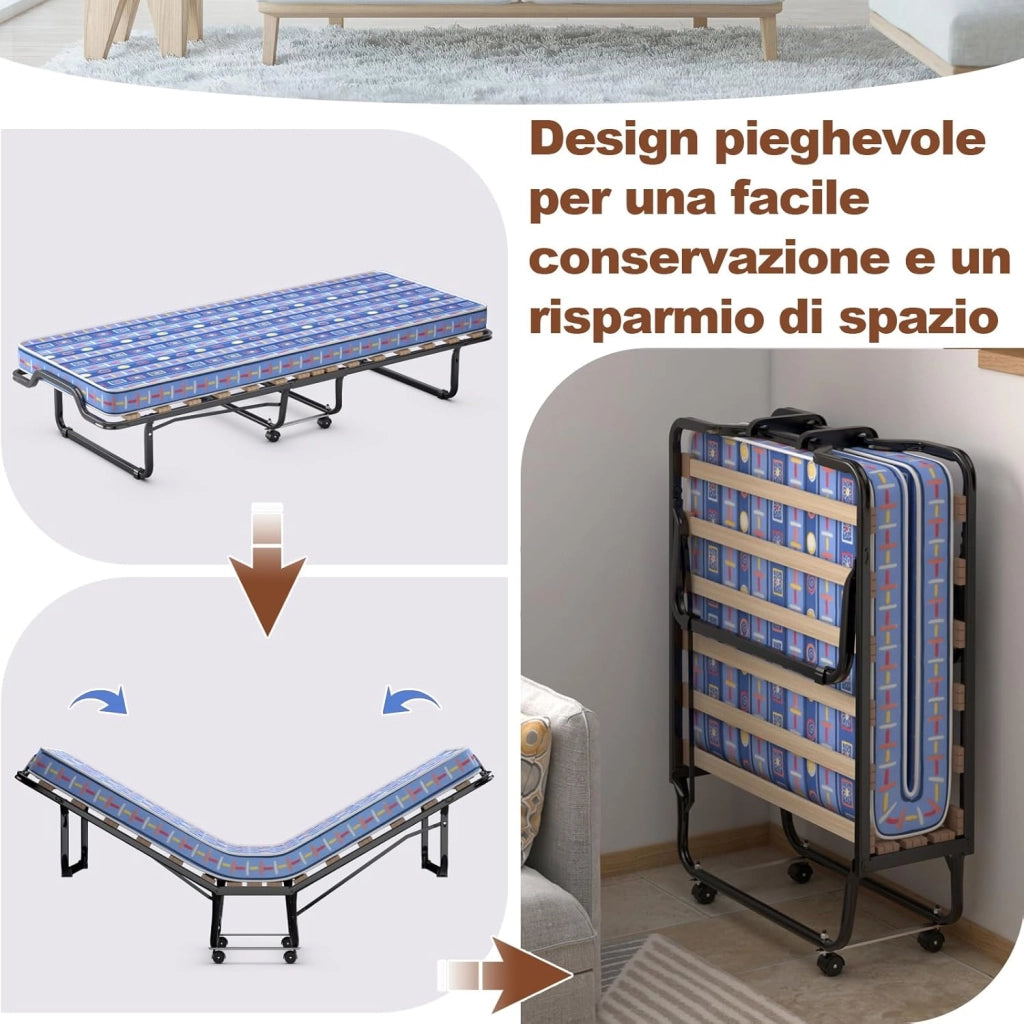 Letto Brandina Pieghevole, con Materasso in Memory Foam, Struttura Resistente e 4 Ruote Girevoli, Lettino Pieghevole, 200 x 80 x 40cm, Made in Italy (Blu)