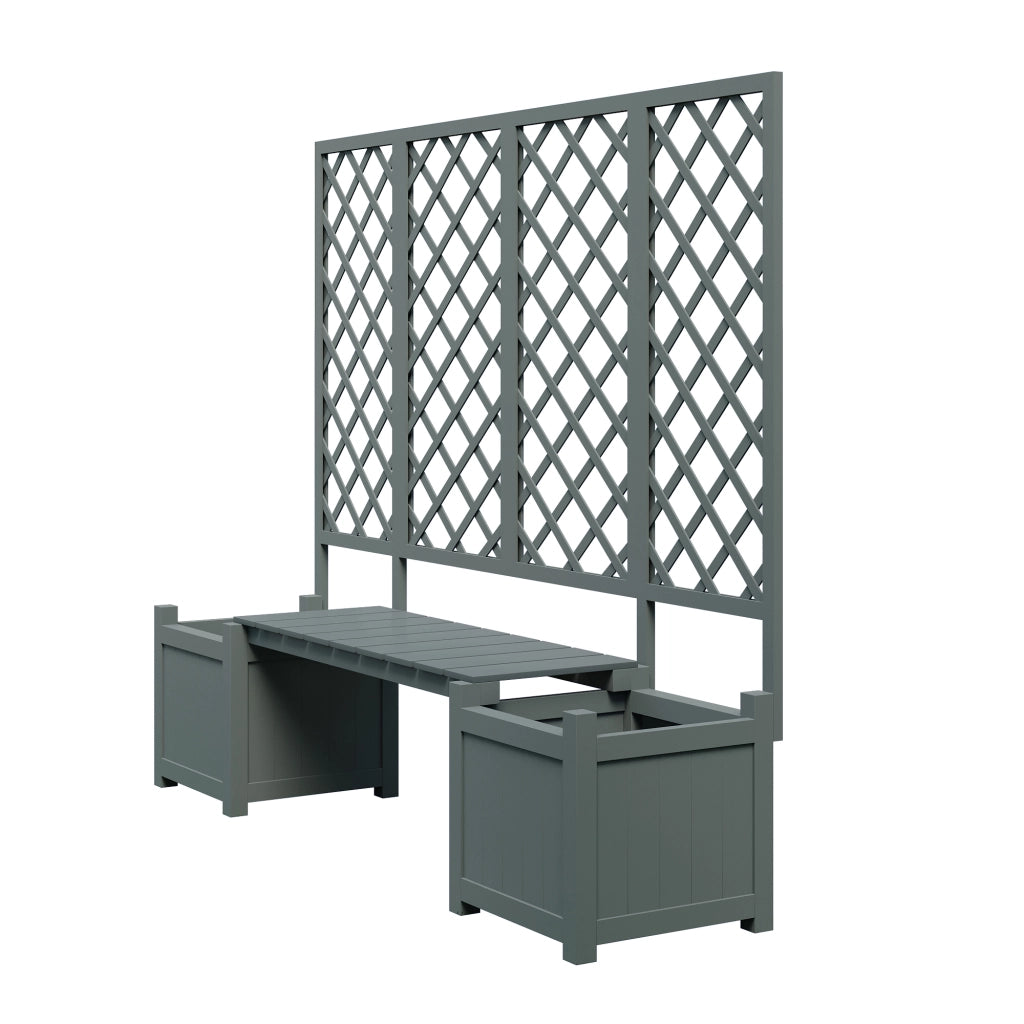 Panca da giardino con fioriera e traliccio in legno grigio con seduta per terrazza e balcone