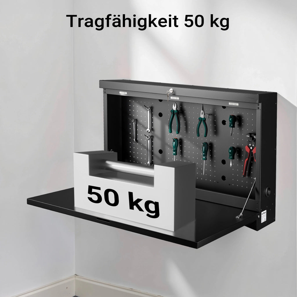 Banco da lavoro pieghevole a parete, portata fino a 50 kg, tavolo richiudibile con pannello porta attrezzi forato, in acciaio, 91,2 x 69 x 61 cm, con 2 chiavi, ideale per officine e garage