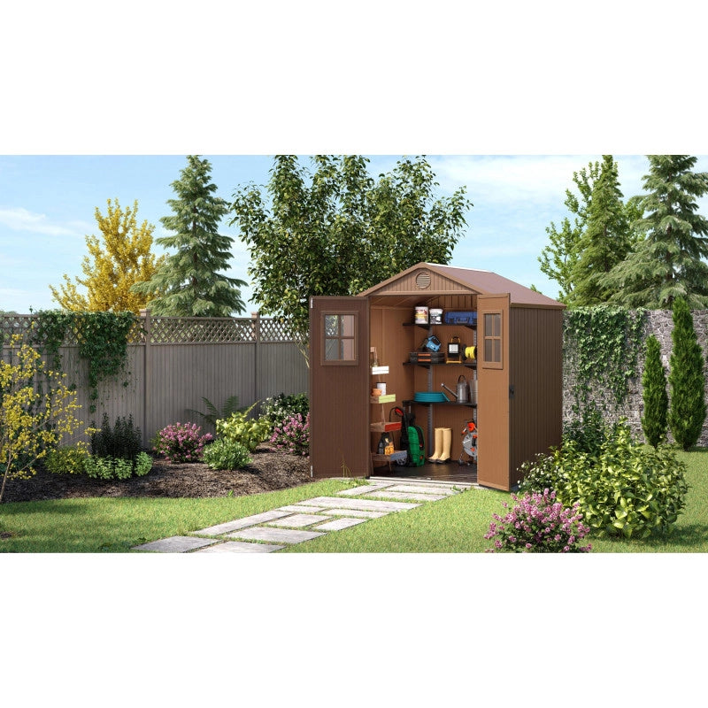 Casetta da giardino in resina EVOTECH+ effetto legno 190x183x221 cm - con pavimento rialzato e doppia porta - Marrone – Keter