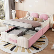 Letto per bambini imbottito 90x200 cm in velluto beige con contenitore idraulico e cuscini