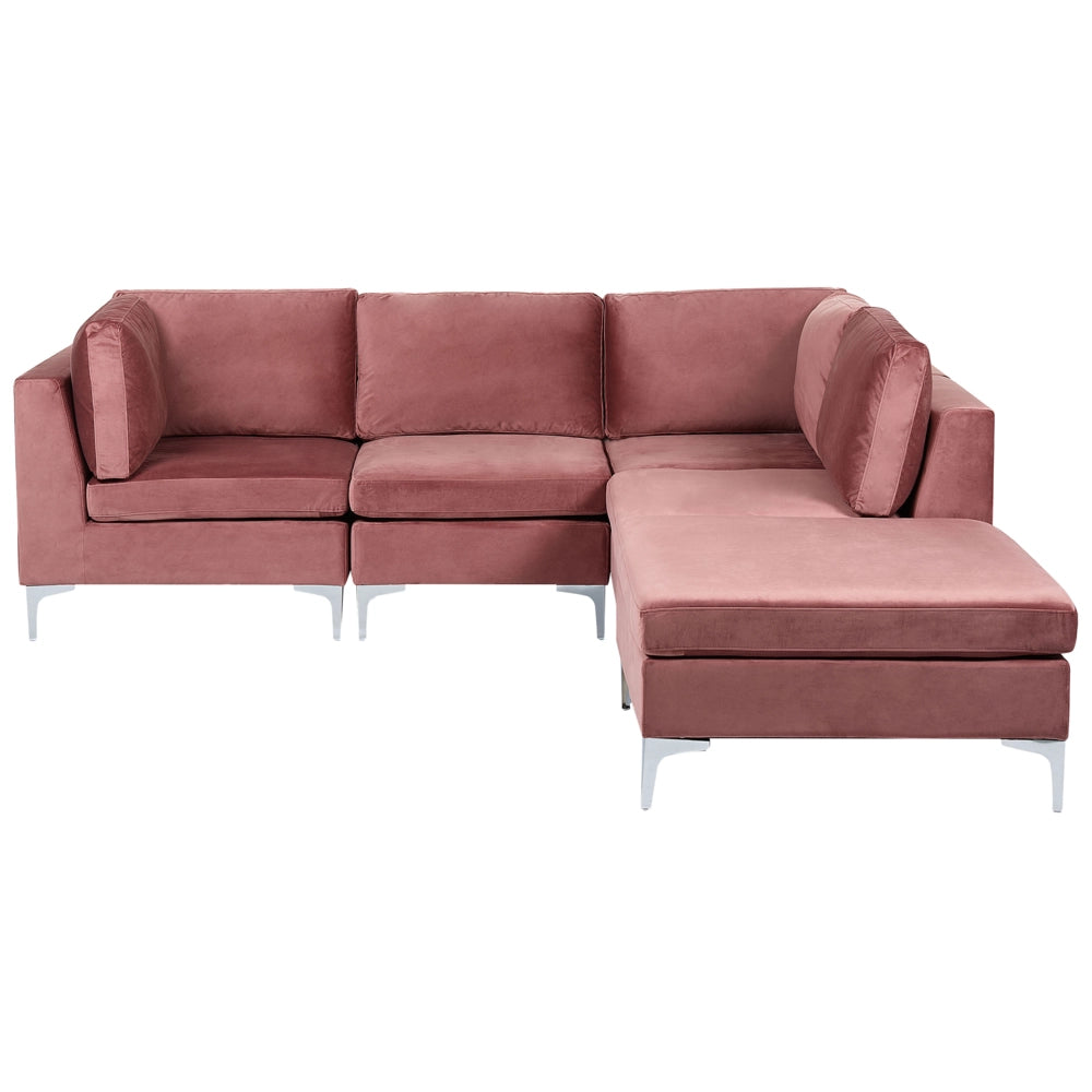 Divano componibile ad angolo versione sinistra a 4 posti in velluto rosa con gambe in metallo argentato a forma di L ottomana Stile glamour