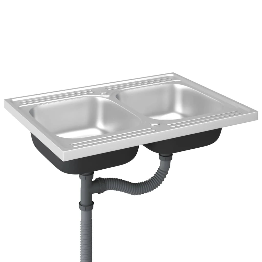 Lavello da cucina a doppia vasca 800x600x155 mm acciaio inox argento 02_0002430