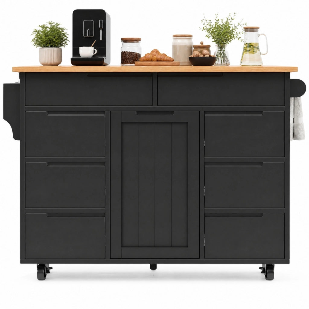 Carrello da cucina con piano ribaltabile; 8 cassetti e ruote; MDF nero