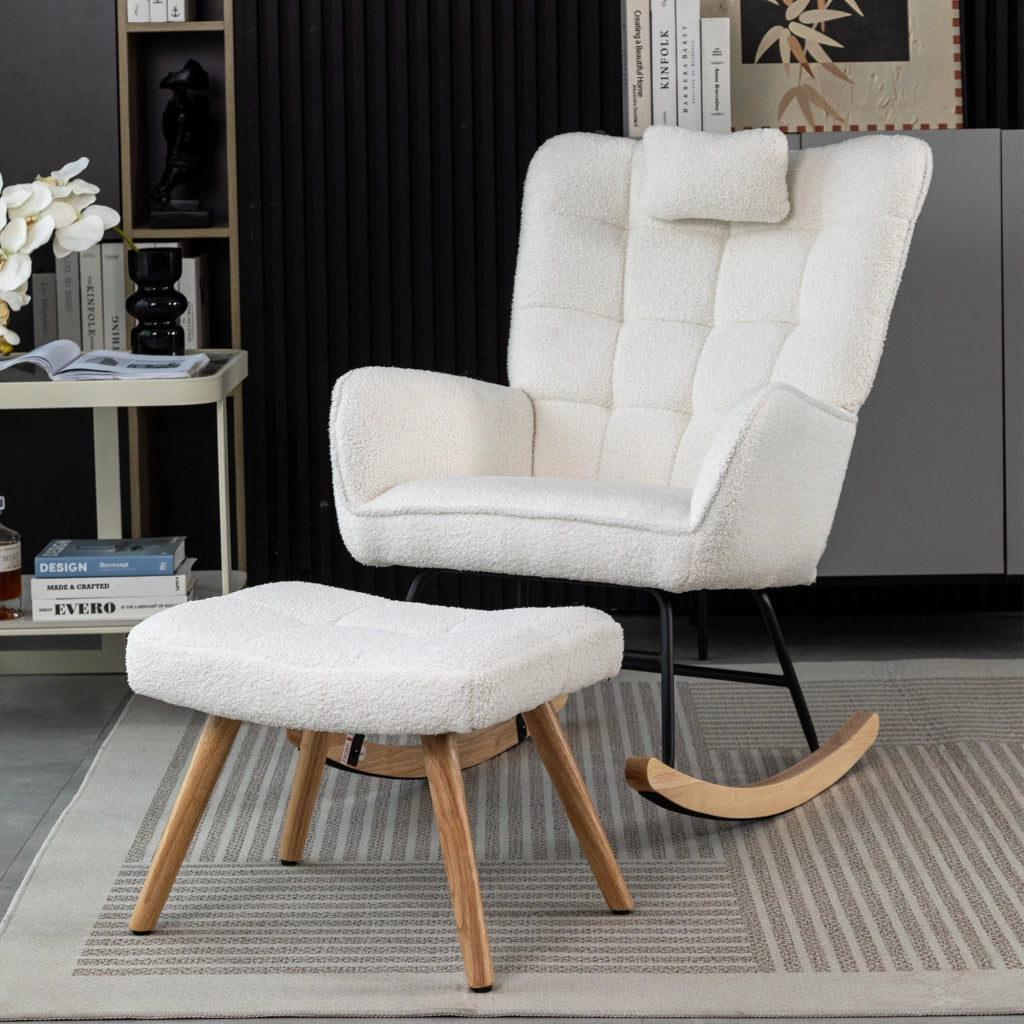 Poltrona a Dondolo Bouclé Bianca H92 cm con Poggiatesta e Pouf 49x38x38 cm