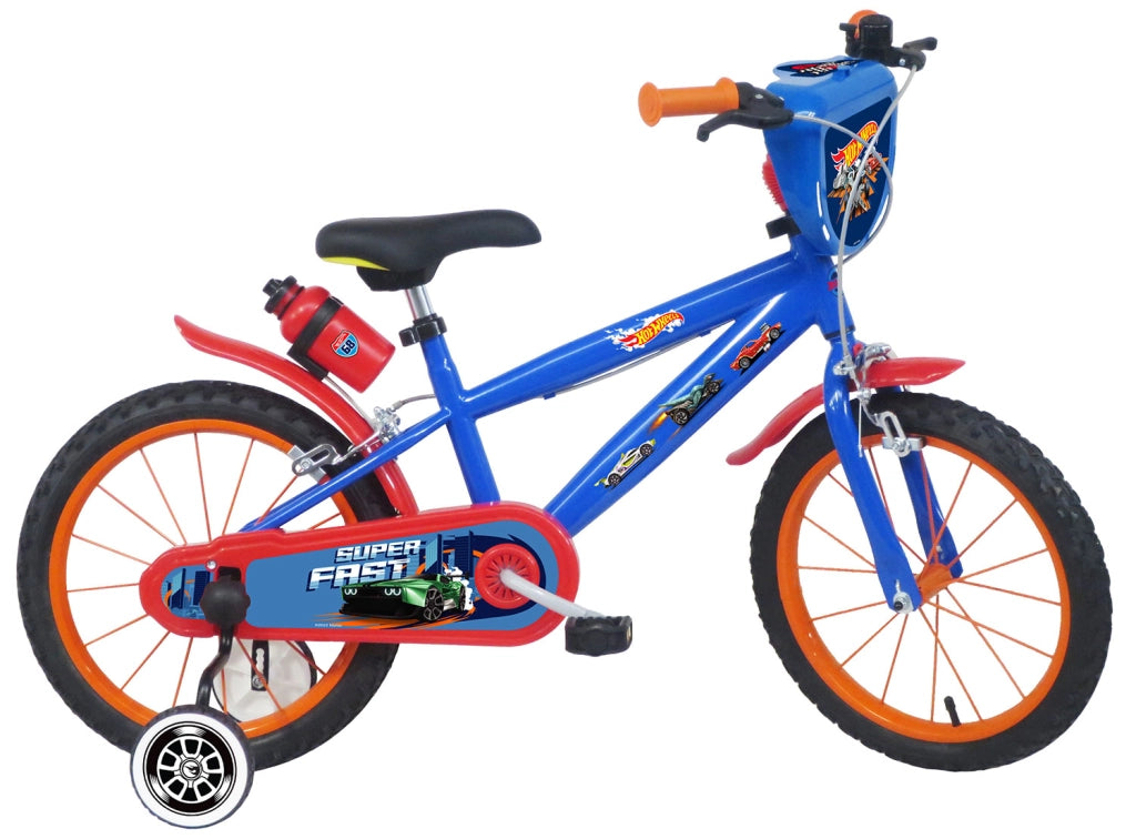 Bicicletta per Bambini 16" Hot Wheels Freni Caliper e Stabilizzatori in Acciaio Hi-Ten Blu e Rosso